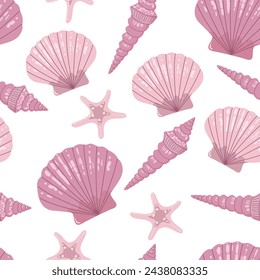 Seamless pattern of sea shells. Beautiful colored pink shells with interesting shapes. Fashionable flat vector illustration, for textile creation, endless print.