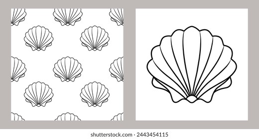 Seamless pattern of sea shells. Black outline of seashells on a white background. Vector
