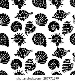 Seamless pattern with sea shells in black and white. Repeating print background texture. Cloth design. Wallpaper, wrapping  