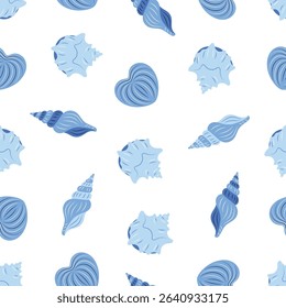 seamless pattern with sea shells in blue colors, tropical beach shells, summer background, vector illustration in flat style, decoration print for wrapping, wallpaper, fabric