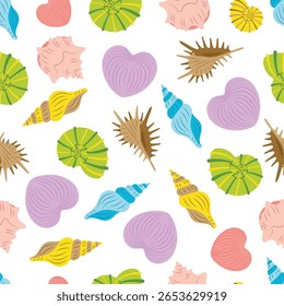 seamless pattern with sea shells, cartoon tropical shells, summer background, vector illustration in flat style