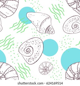 A seamless pattern of sea shells drawn by hand with dots and lines in circles. Fresh design. Vector eps 10