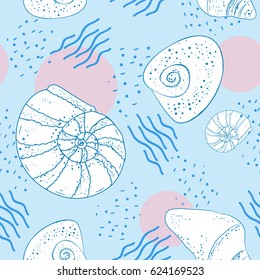 A seamless pattern of sea shells drawn by hand with dots and lines in circles. Fresh design. Vector eps 10