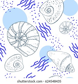 A seamless pattern of sea shells drawn by hand with dots and lines in circles. Fresh design. Vector eps 10