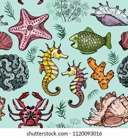 Seamless pattern with sea shells, fish, corals and turtle