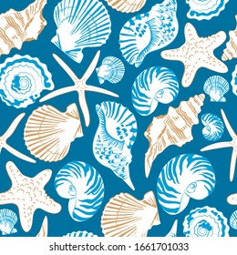 
Seamless pattern of Sea shells. Hand drawn vector illustration  in vintage style. Print design for t-shirts, fabrics, sweatshirts,
 wedding invitation.