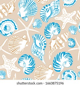 Seamless pattern of Sea shells. Hand drawn vector illustration  in vintage style. Print design for t-shirts, fabrics, sweatshirts, wedding invitation.