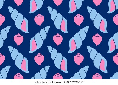 Seamless pattern with sea shells Hand drawn trendy flat style seashell. Tropical beach shells. Summer seamless pattern. Vector illustration