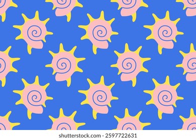 Seamless pattern with sea shells Hand drawn trendy flat style seashell. Tropical beach shells. Summer seamless pattern. Vector illustration