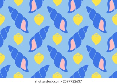 Seamless pattern with sea shells Hand drawn trendy flat style seashell. Tropical beach shells. Summer seamless pattern. Vector illustration