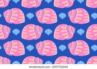 Seamless pattern with sea shells Hand drawn trendy flat style seashell. Tropical beach shells. Summer seamless pattern. Vector illustration