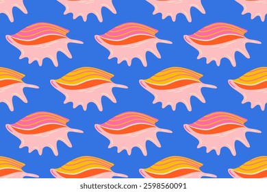 Seamless pattern with sea shells Hand drawn trendy flat style seashell. Tropical beach shells. Summer seamless pattern. Vector illustration