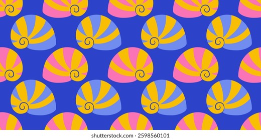 Seamless pattern with sea shells Hand drawn trendy flat style seashell. Tropical beach shells. Summer seamless pattern. Vector illustration