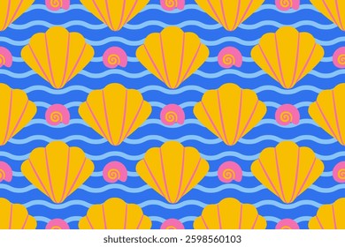 Seamless pattern with sea shells Hand drawn trendy flat style seashell. Tropical beach shells. Summer seamless pattern. Vector illustration
