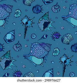 Seamless pattern of Sea shells. Hand drawn vector illustration