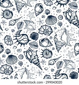 Seamless pattern of Sea shells. Hand drawn vector illustration