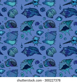 Seamless pattern of Sea shells. Hand drawn vector illustration