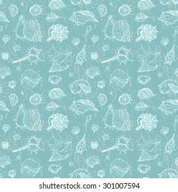 Seamless pattern of Sea shells. Hand drawn vector illustration