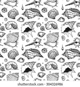 Seamless pattern of Sea shells. Hand drawn vector illustration