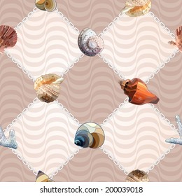 Seamless Pattern with sea shells. Marine motif. Vector illustration.