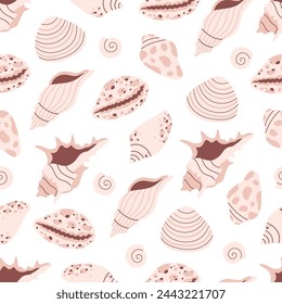 Seamless pattern with sea shells, mollusks, sea ​​snails. Tropical beach shells. Summer seamless pattern. Vector illustration in flat style