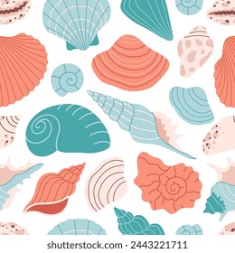 Seamless pattern with sea shells, mollusks, sea ​​snails. Tropical beach shells. Summer seamless pattern. Vector illustration in flat style