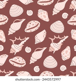 Seamless pattern with sea shells, mollusks, sea ​​snails. Tropical beach shells. Summer seamless pattern. Vector illustration in flat style