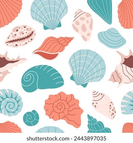 Seamless pattern with sea shells, mollusks, starfish. Tropical beach shells. Summer seamless pattern. Vector illustration in flat style