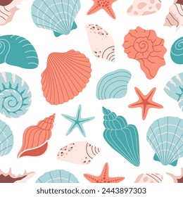 Seamless pattern with sea shells, mollusks, starfish. Tropical beach shells. Summer seamless pattern. Vector illustration in flat style