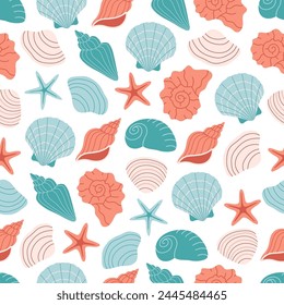 Seamless pattern with sea shells, mollusks, starfish. Tropical beach shells. Summer seamless pattern. Vector illustration in flat style