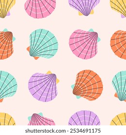 Patrón sin fisuras con conchas de mar, moluscos, estrellas de mar. Conchas de playa tropicales. Patrón sin costuras de verano. Ilustración vectorial en estilo plano