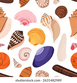 Seamless pattern with sea shells, mollusks, starfish. Tropical beach shells. Summer seamless pattern. Vector illustration in flat modern style