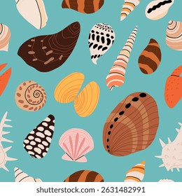 Seamless pattern with sea shells, mollusks, starfish. Tropical beach shells. Summer seamless pattern. Vector illustration in flat modern style
