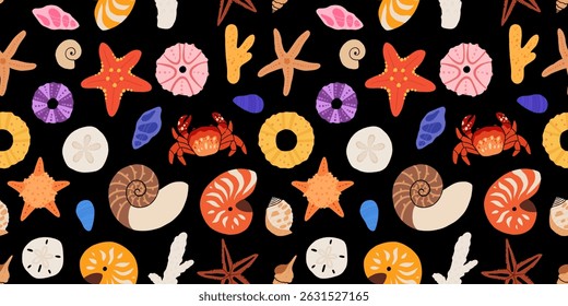 Seamless pattern with sea shells, mollusks, starfish. Tropical beach shells. Summer seamless pattern. Vector illustration in flat modern style