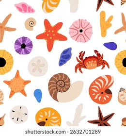 Seamless pattern with sea shells, mollusks, starfish. Tropical beach shells. Summer seamless pattern. Vector illustration in flat modern style