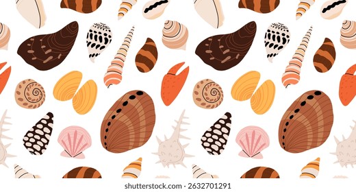 Seamless pattern with sea shells, mollusks, starfish. Tropical beach shells. Summer seamless pattern. Vector illustration in flat modern style