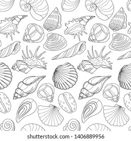 seamless pattern with sea shells in monochrome colors