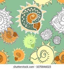 Seamless pattern with sea shells on an light green background. Vector illustration