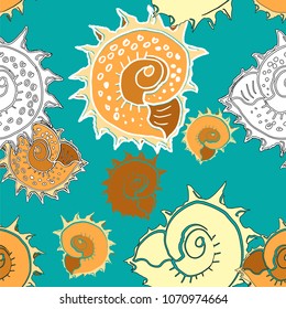 Seamless pattern with sea shells on an emerald background. Vector illustration