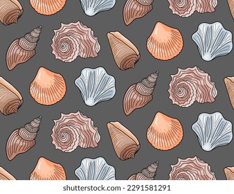 A seamless pattern of sea shells on a gray background.