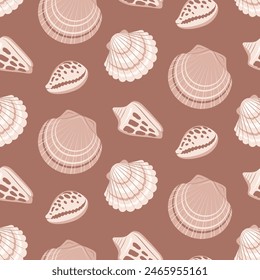 Seamless pattern with  Sea shells on brown background in cartoon style. Vector illustration for fabric, textile, wrapping paper, wallpaper, stickers, notebook cover.