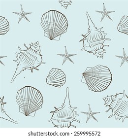 seamless pattern of sea shells on a light turquoise background