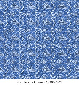 seamless pattern with sea shells on a blue background