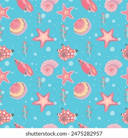 Seamless pattern with sea shells and sea plants in cartoon style. Blue background. The under world. Perfect for home textiles, fabric print, scrapbook elements, greeting card and wrapping paper.