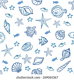 Seamless pattern with sea shells, star fish on the chalk Board.