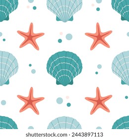 Seamless pattern with sea shells, starfish. Tropical beach shells. Summer seamless pattern. Vector illustration in flat style