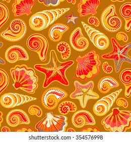 Seamless pattern with sea shells and starfish in colorful and glod background. Repeating print background texture. Cloth design. Wallpaper, wrapping