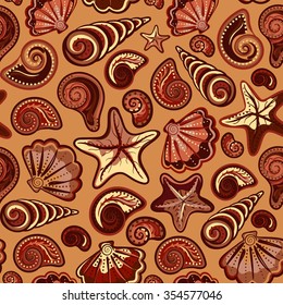 Seamless pattern with sea shells and starfish in colorful and chocolate white. Repeating print background texture. Cloth design. Wallpaper, wrapping