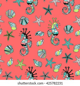 Seamless pattern with sea shells, starfish and sea horse on a red background. Summer vector illustration. Cartoon design. Red sea.