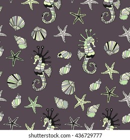 Seamless pattern with sea shells, starfish and sea horse. Summer vector illustration. Cartoon design.